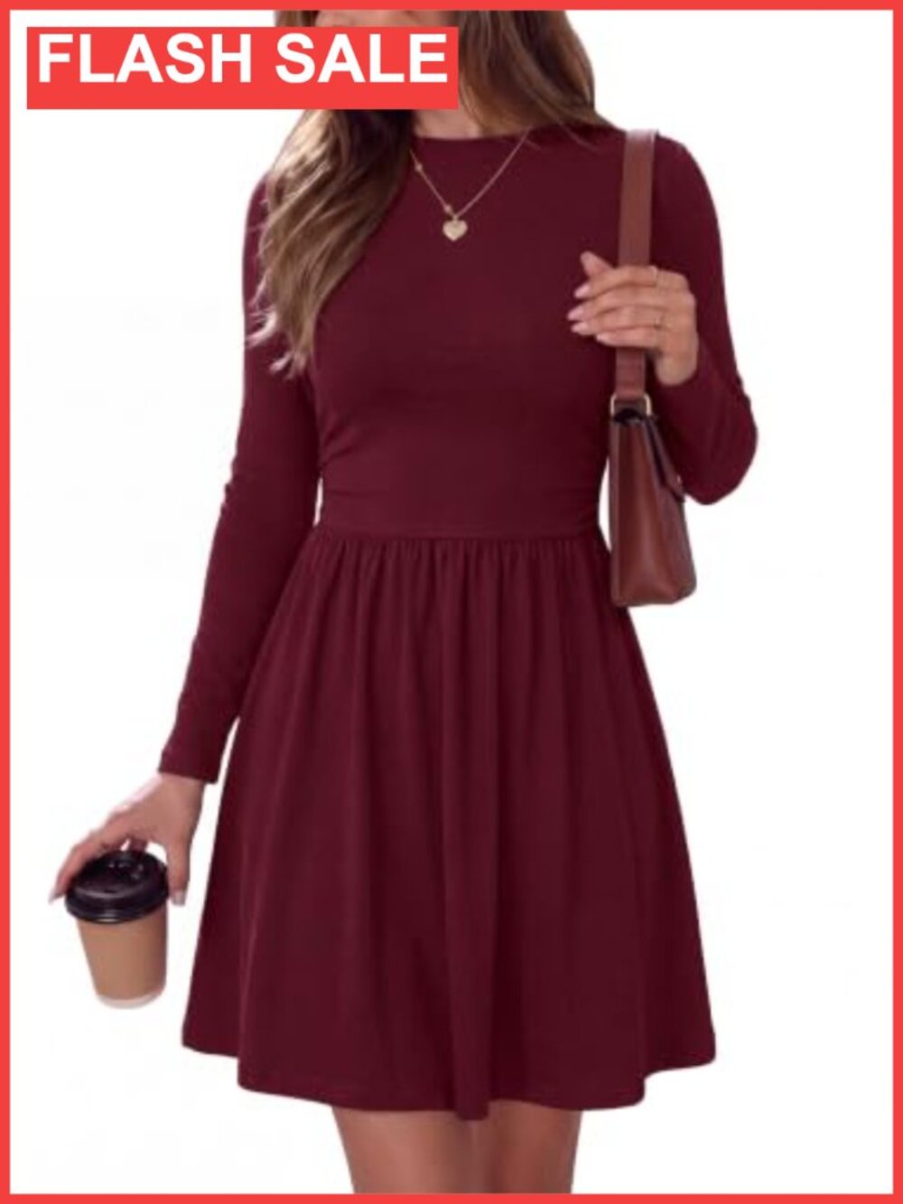 Long Sleeve Mock Neck A Line Flowy Mini Dress Stretchy Knit Bodycon